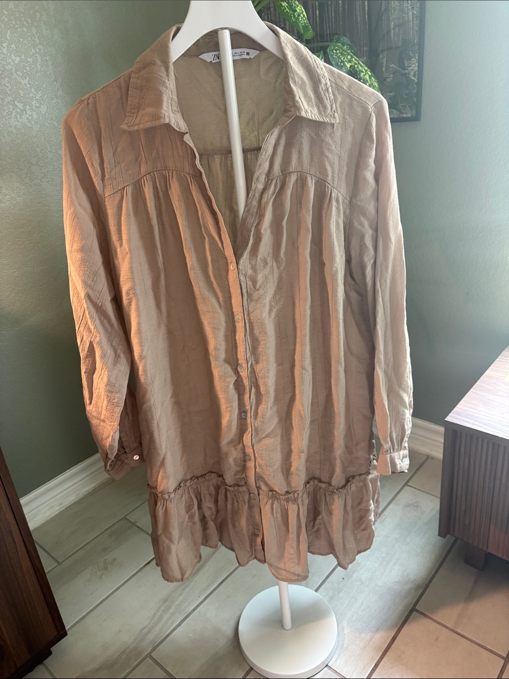 Zara Beige Ruffle-Hem Button-Front Tunic